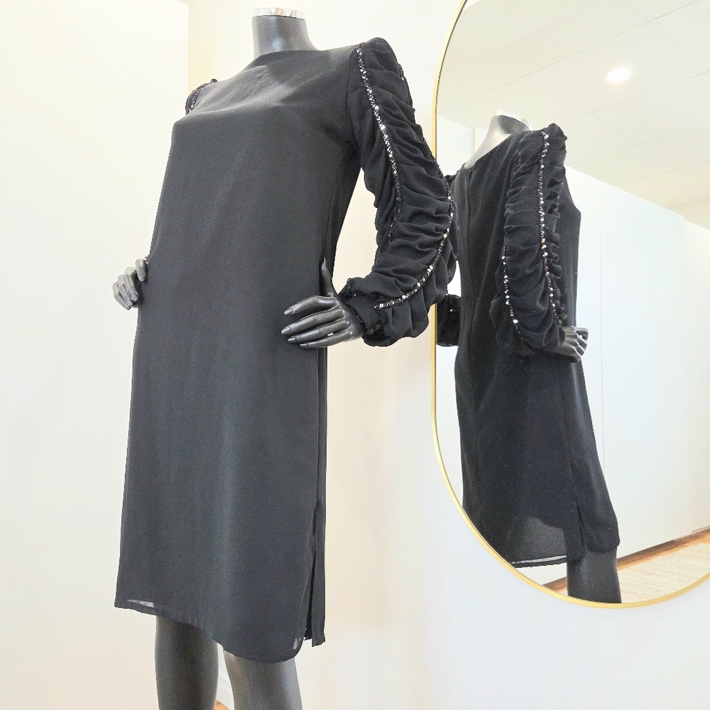 80s Noel Sophisticates Ruched Sleeve Dress – Black, Sequin Detail, Size S/M